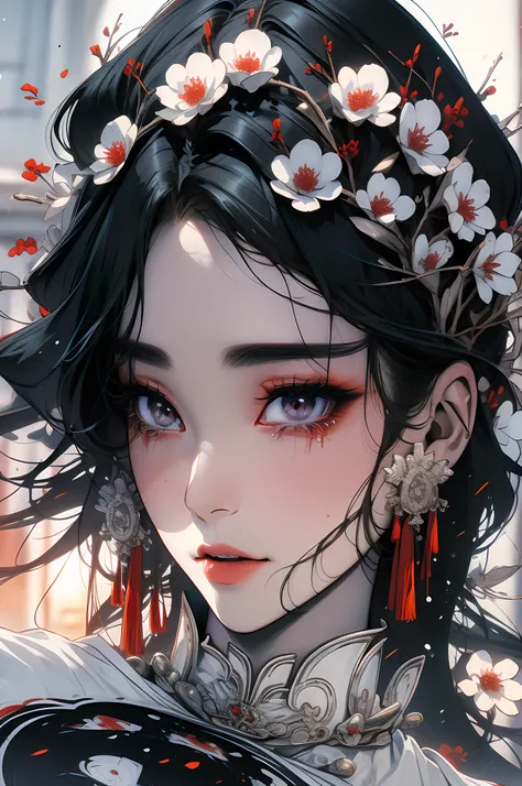 black-haired god, white mask woman, red wedding dress, crying, close-up figure painting, gorgeous guwiz style art, breathtaking ...