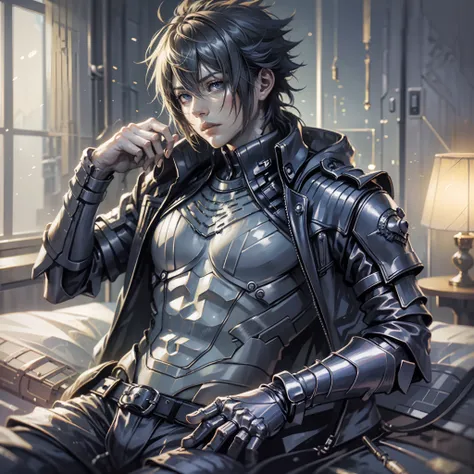 final fantasy, noctis, abs, sexy, badass pose,  chico de anime en una cama con las manos en la cabeza, hermosa pose de anime, an...