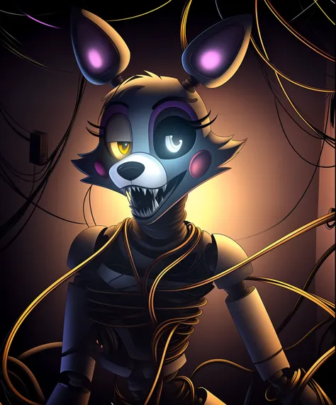 manglefnaf, furry female, robot, (wires, tangled, broken, detached limbs, detached head:1.2), solo, (best quality), (abstract to...