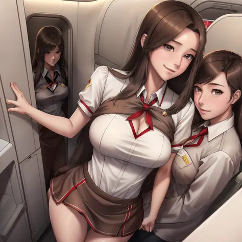 girl,Mercy,long brown hair,hair ornaments,he tall,sexy,super big breast,(P cup),age 17,stewardress on the plane,full body, mercy stewardress outfit,happy detailed face,in the plane,standing on the plane,