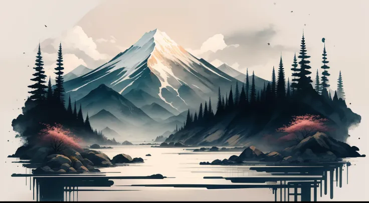 ink and watercolor painting,There are mountains,There are rivers,There are trees,scenic view