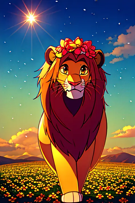 tlksimba, simba, pink, flower field, alot of flowers, flower crown , uhd, cinematic lighting, flower on head, bloom, 16k, super ...