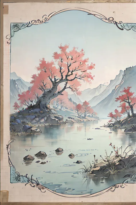 （tmasterpiece，best qualtiy：1.2），tradition chinese ink painting，mont，near a river，