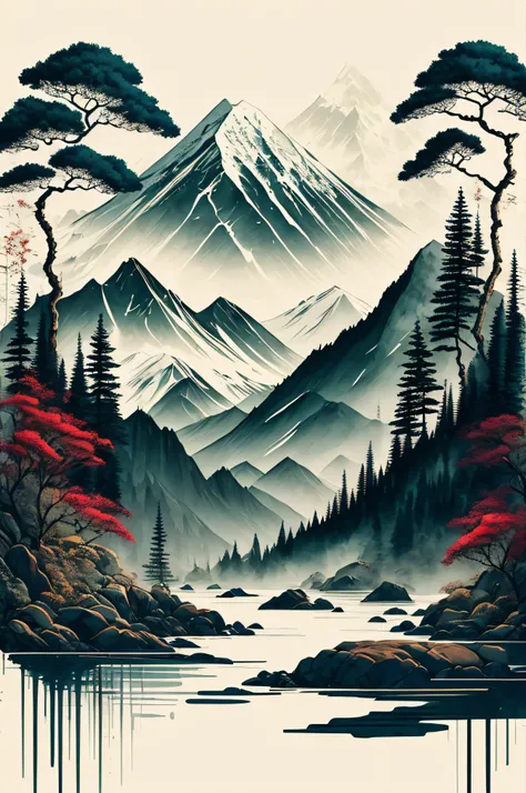 white background, scenery, ink, mountains, water, trees ,