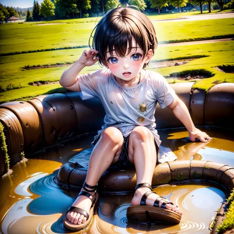 a 6-year-old boy rolls in the mud，shota，slightly fat big breasts，white top，messy bangs，shota，sandals，sludgy，dirty，footprints。and...