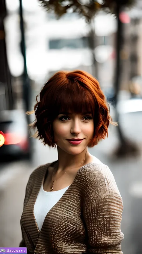 arafed woman with red hair and a brown sweater on a city street, short copper hair, copper short hair, short redhead, with a pix...