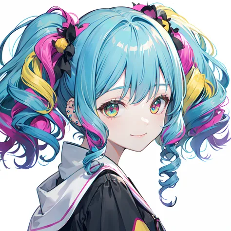 from side,solo,(two side up,twintails:1.4),braid,dreadlocks,(drill hair,hime cut,afro,ponytail,hair bun:0.8),(wavy multicolor ha...