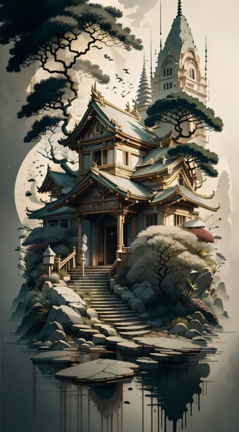 absurd, high resolution, ultra-detailed, (1 girl:1.3), broken, design a beautiful temple scene, intricate architecture, lush gar...