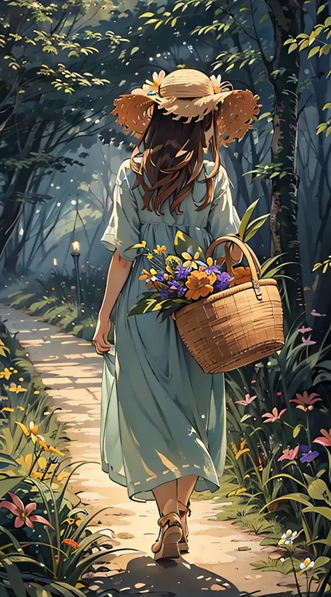 there is a back view of a beautiful girl with a basket walking on a grass path in a dimly lit forest、she wears a straw hat and u...