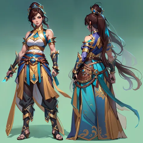 a close up of a strong amazon woman in her 30s, with hazel eyes and brown hair, wearing a blue and black belly dancer attire, a heroine with hazel eyes, female holding tonfa, mage with water magic, middle-eastern princess, standing in a chinese temple, new...