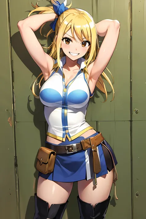 (masterpiece, best quality:1.2), solo, 1girl, lucy heartfilia, grin, looking at viewer, arms behind back, blue sleeveless shirt,...