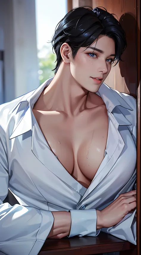 (1 person:1.9), human body shisuit, Hollow and shriveled, beautiful youth teen boy, undercut hair style, (Turn your head and look), (Look at the camera), (Head up), (high quality 16K anime), (tall body), Sweaty and sweaty, Powder blue vapor, Delicate skin...