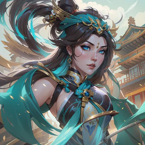 a close up of a strong amazon woman in her 30s, with hazel eyes and brown hair, wearing a flowing blue and black maid dress, a heroine with hazel eyes, female holding tonfa, mage with water magic, standing in a chinese temple, new costume concept design, i...