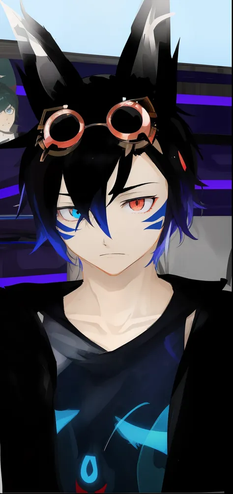 anime character with goggles and a blue shirt in front of a stage, second life avatar, inspired by okumura masanobu, vrchat, dev...