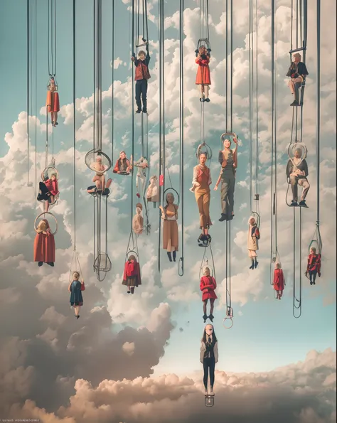 there are many people that are hanging upside down on wires, surreal collage, surrealism aesthetic, a contemporary artistic coll...