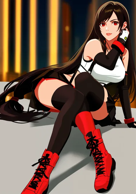 tifa lockhart, mksks style, (very detailed background:1.0), (highly detailed background:1.0), final fantasy vii remake, 1girl, ankle boots, black hair, black skirt, black thighhighs, boots, breasts, cityscape, crop top, elbow gloves, elbow pads, fingerless...