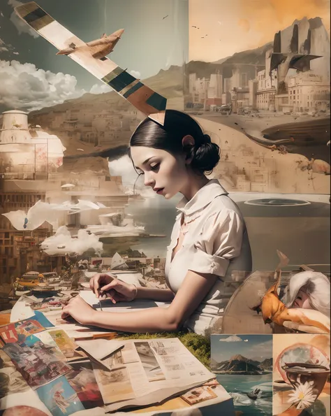 arafed image of a woman sewing a piece of fabric, surreal collage, collage style joseba elorza, inspired by evaline ness, inspir...