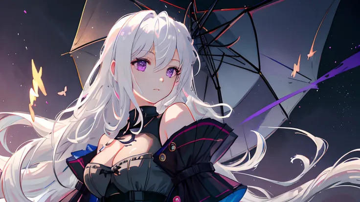 tmasterpiece, best qualtiy, extremely detaile, cinematic lightning, intricately details, A high resolution, offcial art, Fine beautiful face and eyes, high-resolution illustrations, 8k, depth of fields, bokeh, 独奏, 1girl, A girl with white hair and purple e...