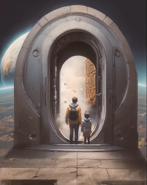 there are two people standing on a stairway with a door open, surreal collage, of a family leaving a spaceship, window into spac...