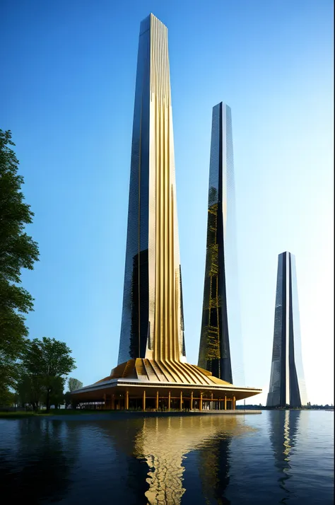 there is a tall tower in the middle of the lake，it is topped with a golden spire, futuristic tower, surreal sci fi architecture,...