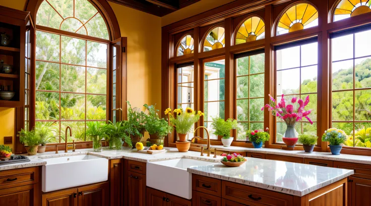 cocina maximalista con muchas flores y plantas, luz dorada, award winning masterpiece with incredible details big windows, altam...