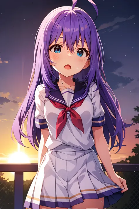 mochizuki anna,1girl in,solo,long hair,purple hair,medium chest.ahoge,blue eyes.short stature.white t-shirts.suspenders.skirt.ev...