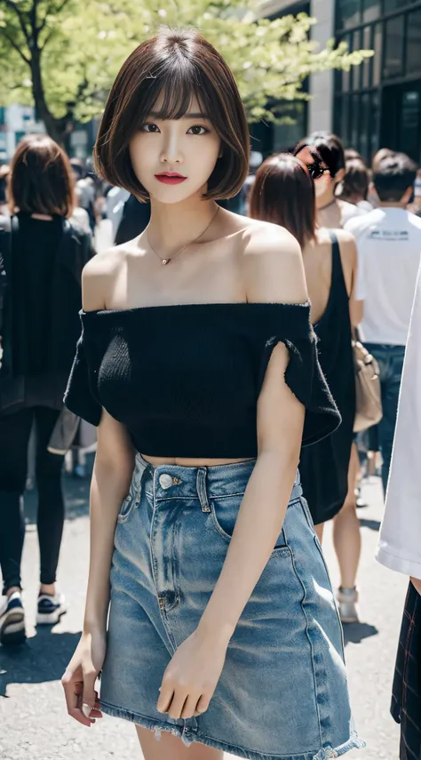 The 8k quality、Top image quality、超A high resolution、masterpiece、Photorealsitic、1 girl in、tense look、Trendy makeup、bob cuts、(off shoulder shirt、Slit skirt、Clothes that fit the body)、Cecessy、ciinematic light、The protagonist、the chaos、Super Slender、g-cup、(Do...