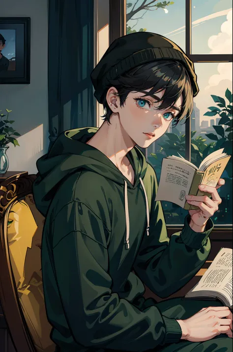 1 boy, perfect face, perfect eyes, master piece, highly detailed, sitting at desk reading a book next to window, moonlight highl...