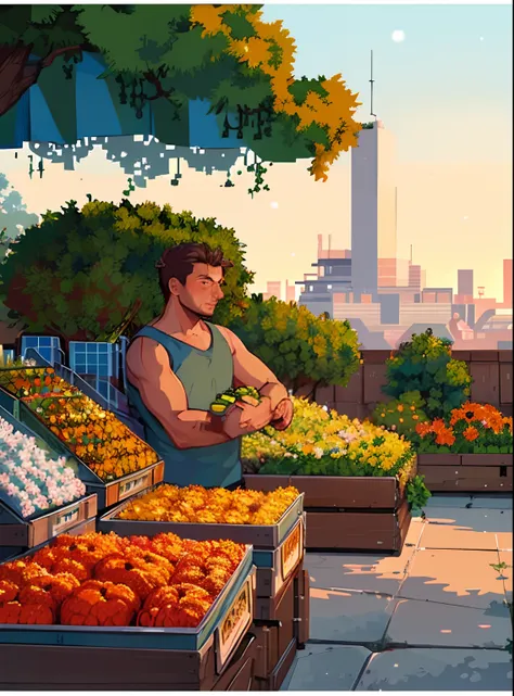 pixel world,1men,human, city of future, market, mall, fruit stands