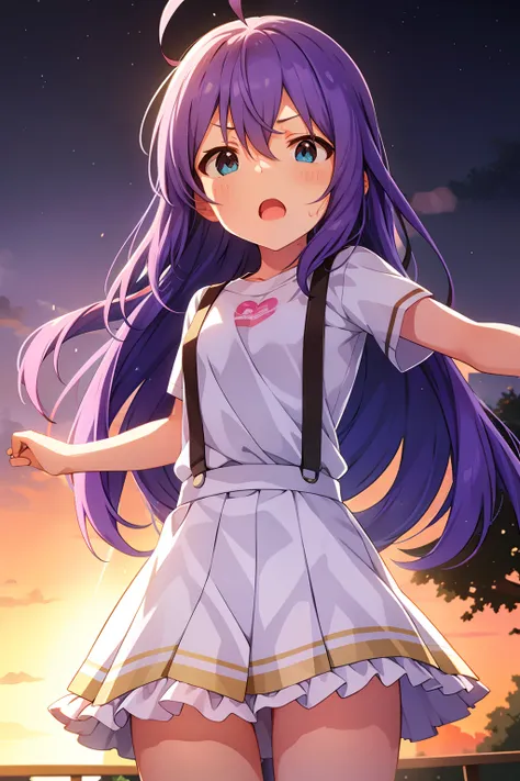 mochizuki anna,1girl in,solo,long hair,purple hair,medium chest.ahoge,blue eyes.short stature.white t-shirts.suspenders.skirt.ev...