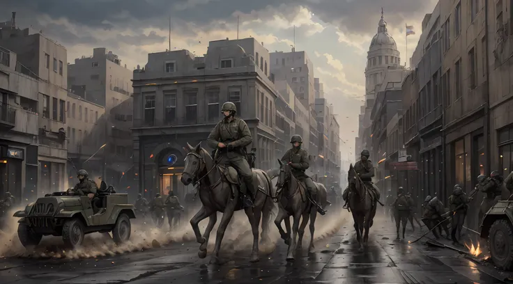 uniformed soldiers walk through the city streets, wwii，soldiers charging in, soldiers charging the enemy, the artillery fire con...