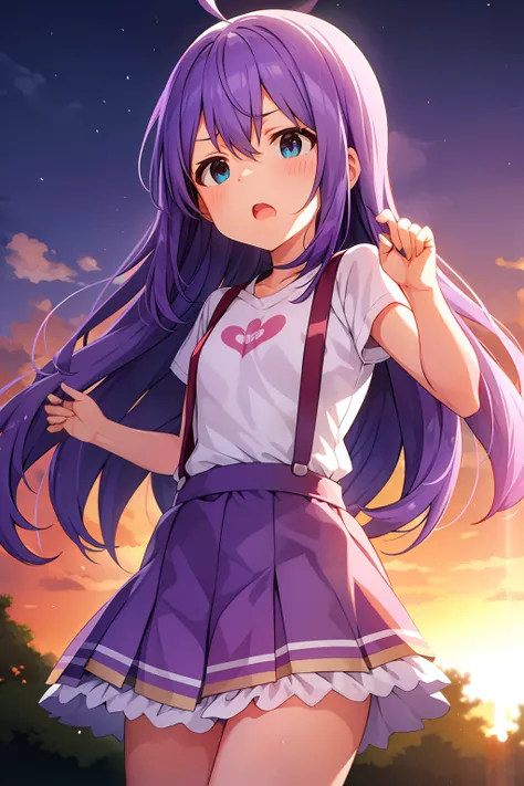 mochizuki anna,1girl in,solo,long hair,purple hair,medium chest.ahoge,blue eyes.short stature.white t-shirts.suspenders.skirt.ev...