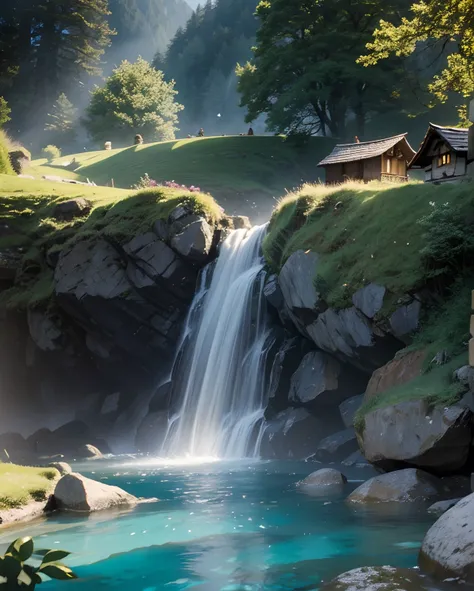 the hobbit, tolkien, a medieval village in switzerland with river and pool, ornate, beautiful, atmosphere, vibe, flowers, concep...