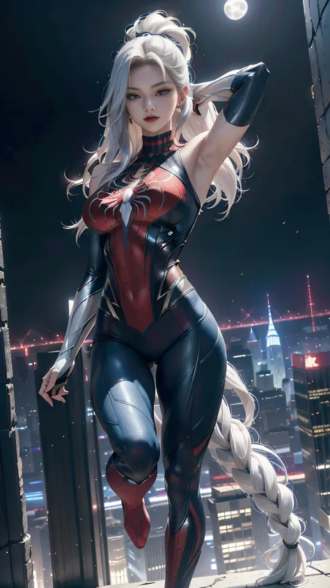 (masterpiece, 4k resolution, ultra-realistic, very detailed), (white superhero theme, charismatic, there's a girl on top of town...