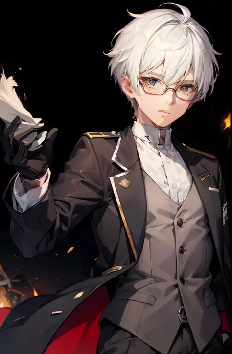 "1 boy with white hair wearing glasses and gloves in a school uniform."