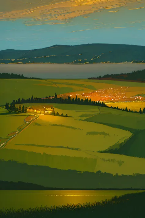 (highly detailed), ((masterpiece)),(Impasto), intricate, digital painting,shadow ,landscapes , fantasy,delicate grassland,(piers:1.3),(lake:1.3),(villiage:1.2),lights,clear sky ,wind ,beautiful sky ,cumulus ,(night star)