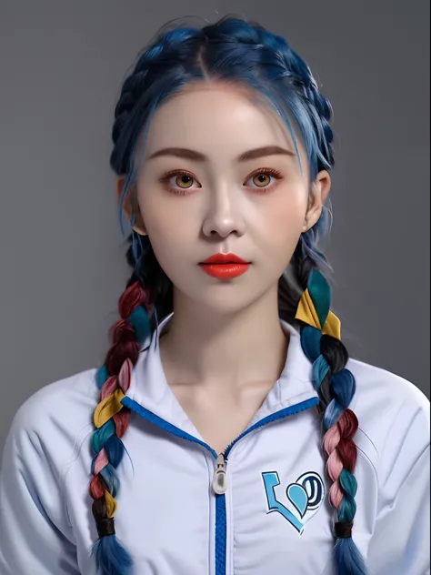 Close up of a woman with blue hair and white jacket, colorful pigtail, two long braids blue, two blue braids, braid hairstyle, long braided blue hair, Blue braided hair, blue hairs,Two long braids, Double long braid blue, double very long braids blue, Twin...