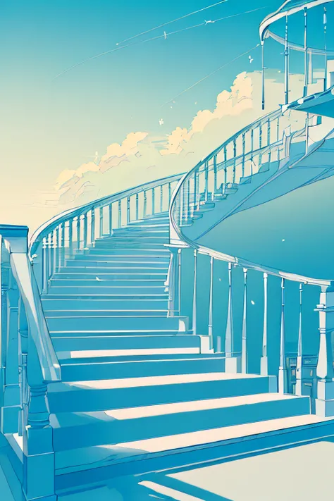 (((There are suspended staircase above the sky))), (((only suspended staircase))), (((Clouds surround the white suspended staircase))), The suspended staircase are snow-white, There are only suspended staircase in the sky, White feathers, (((White feathers...