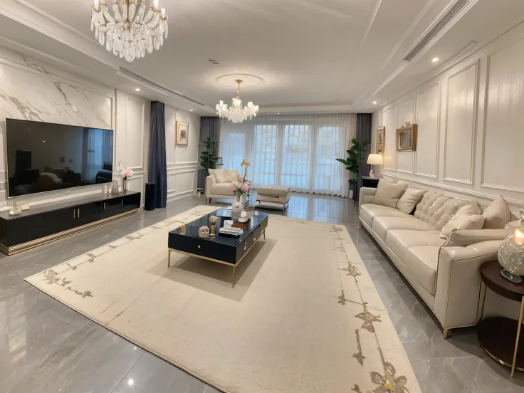 ,masterpiece, best quality,8k, ultra highres,Step into this luxurious living room,The magnificent crystal chandelier emits a dazzling light,Shine brightly。There is a huge art painting hanging on the wall,Delicate brushstrokes outline a magical wonderland,I...