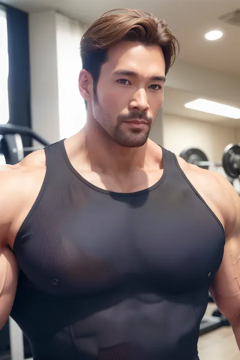 独奏， looking at viewert， short detailed hair，  keep one's mouth shut， the upper part of the body， malefocus，，musculous， backgroun...