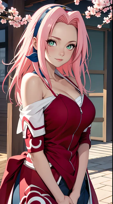 tmasterpiece， best quality at best， 1girll， sakura haruno， large breasts，off-the-shoulder attire，（cleavage)，（upperbody closeup)，...