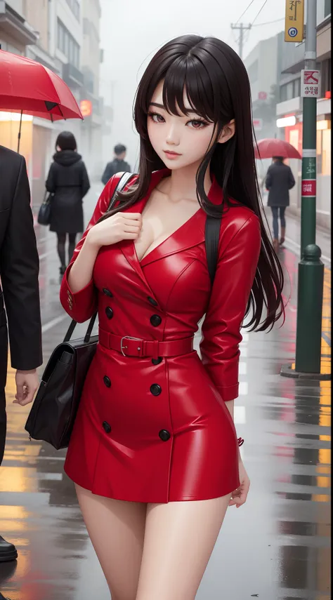 beauty korean idol wearing a red mini-dress in a street,rain and fog outside