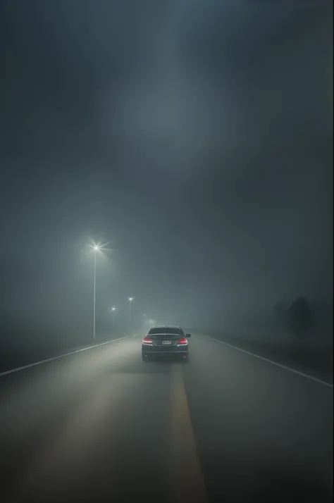 high-level image quality、a picture、24mm Lens、wide angles、Midnight Mountain Road、natta、No streetlights、Lonely atmosphere、A car is running in the center of the screen、Car turns on lights、The only light is a car light、Tail lights、The car is stopped、With the p...