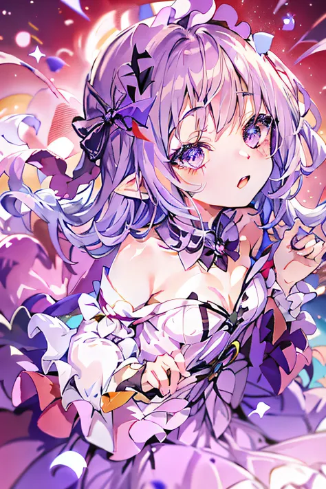 purple colored hair，anime girl in purple dress and purple hat, anime moe art style, splash art anime loli, from touhou, shalltea...