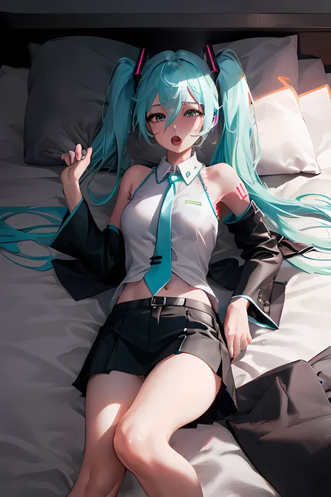 best_quality, realidad, hd 4k, ahegao, hatsune miku, sexy, camisa gris, corbata azul, falda negra, medias negras, muslos grandes...