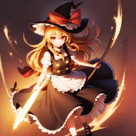 photo of a girl dressed as a witch with a stick, 1girl in, mixed race of rei hakurei and marisa kirisa, hat, solo, blonde hair, ...