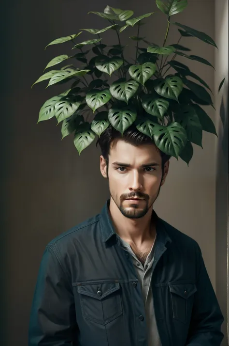 a addiction man at dark home decoration with a brain full of leaves and plants