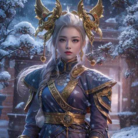 16k（tmasterpiece，k hd，hyper hd，16k）short detailed hair，backrooms，snow circle woman ，two golden dragon protectors （realisticlying...