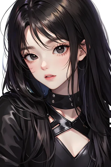 close-up, anime girl, black and long hair, black eyes, black clothes, white background