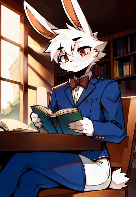 male bunny reading a book in cafe